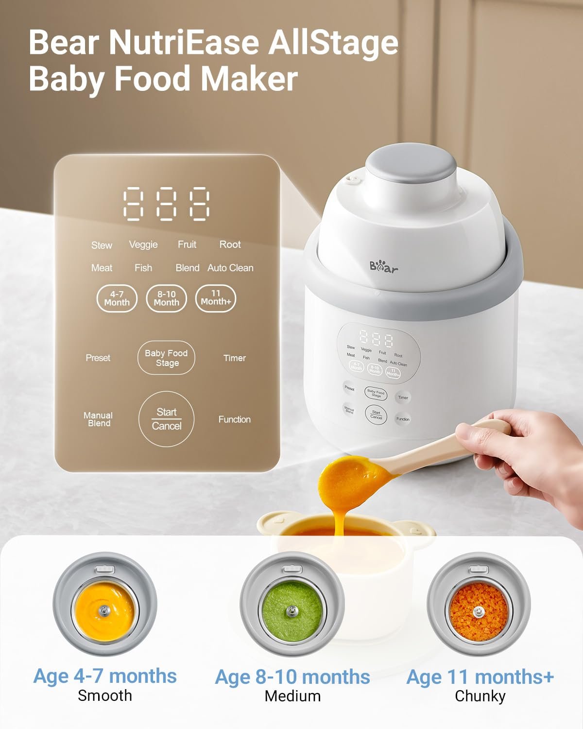 Bear NutriEase AllStage Stainless Steel Baby Food Maker Steamer and Blender, Truly OneStep Baby Food Processor Puree Maker Grinder Mills, Auto Cooking&Grinding for Healthy Homemade Baby Food, BPA-Free