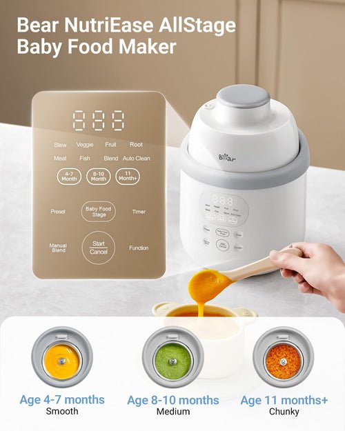 Bear NutriEase AllStage Stainless Steel Baby Food Maker Steamer and Blender, Truly OneStep Baby Food Processor Puree Maker Grinder Mills, Auto Cooking&Grinding for Healthy Homemade Baby Food, BPA-Free