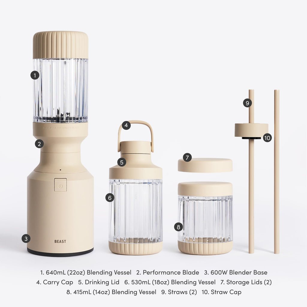 The Beast Mini Blender Plus | Mini Countertop Kitchen Blender | Blend Smoothies and Shakes, Dressings, Sauces, Dips | Extra Vessels, Straw Cap and Straws Included | 600W (Sand)