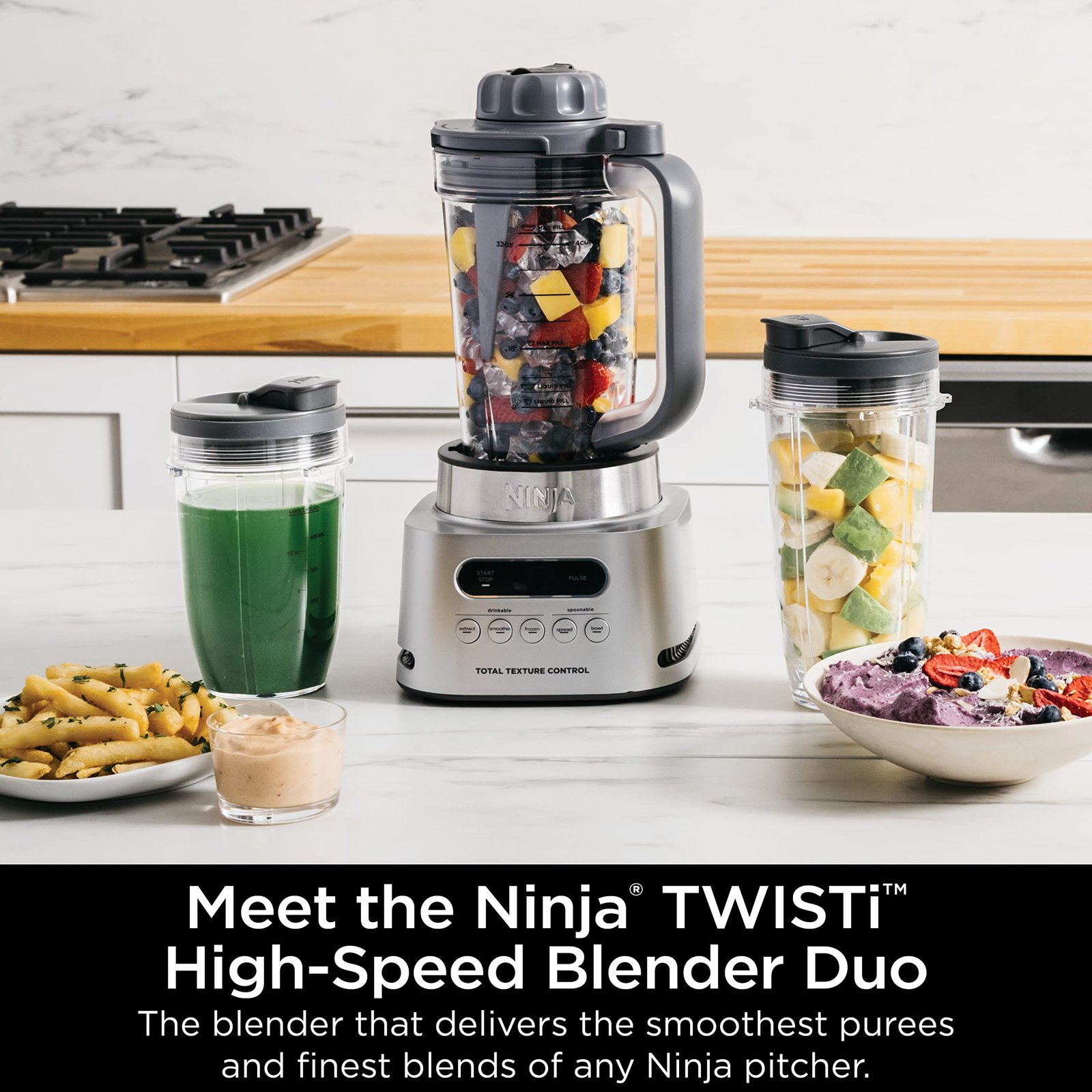 Ninja SS151 TWISTi Blender DUO, High-Speed 1600 WP Smoothie Maker & Nutrient Extractor* 5 Functions Smoothie, Spreads & More, smartTORQUE, 34-oz. Pitcher & (2) To-Go Cups, Gray