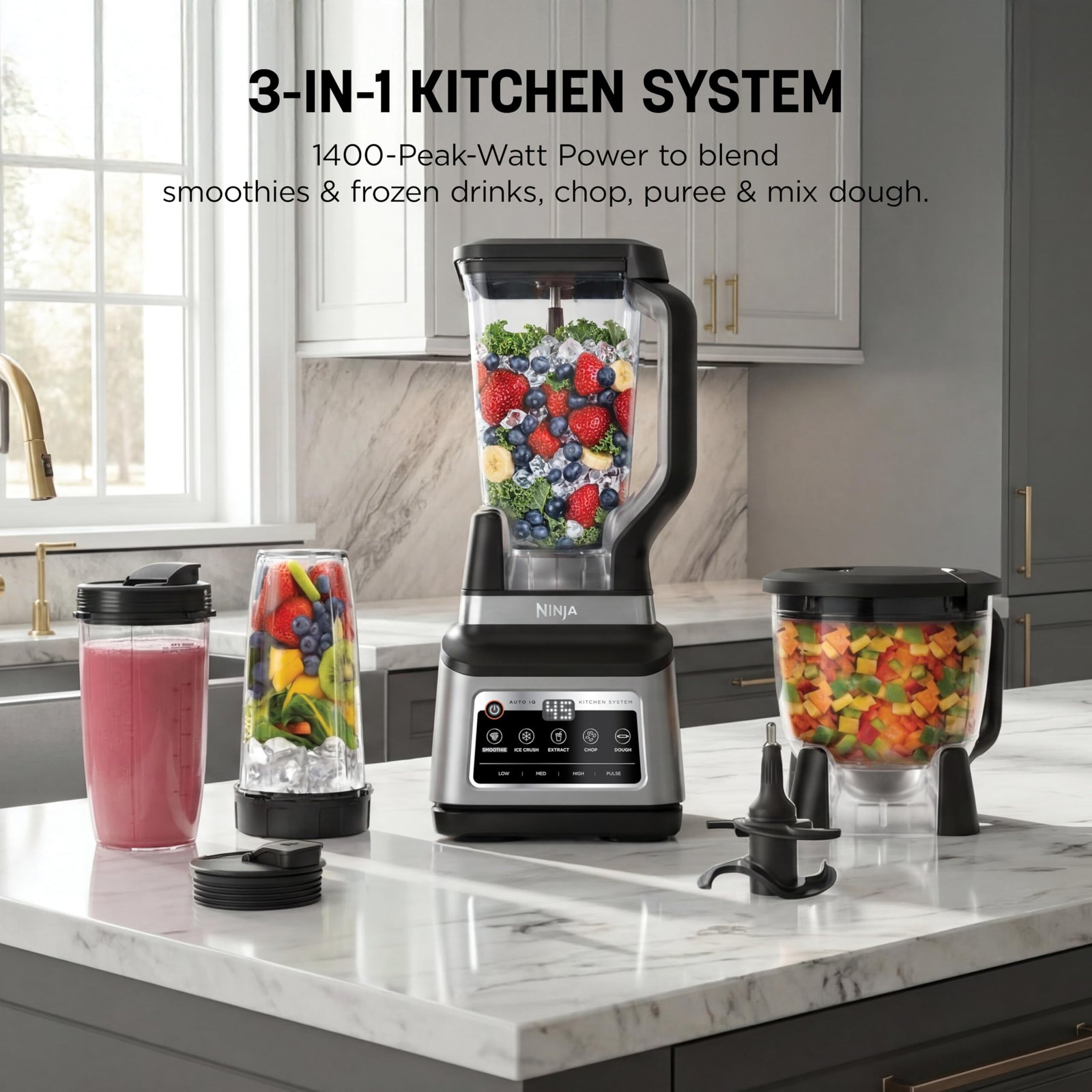 Ninja BN801 Professional Plus Kitchen System, 1400 WP, 5 Functions for Smoothies, Chopping, Dough & More with Auto IQ, 72-oz.* Blender Pitcher, 64-oz. Processor Bowl, (2) 24-oz. To-Go Cups, Grey