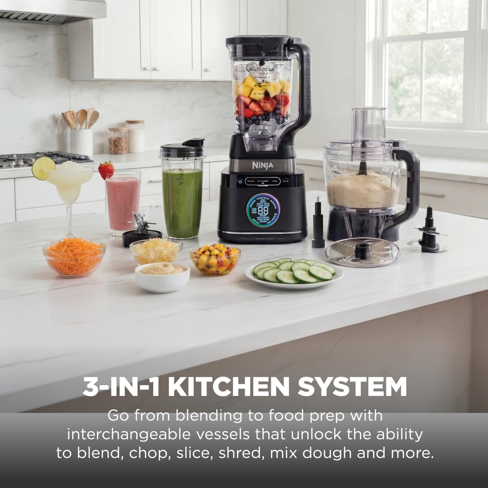 Ninja Kitchen System | Food Processor & Blender with BlendSense Technology | 8-Cup Bowl & 24-oz. To-Go Cup | For Smoothies, Cookie Dough, Salsa & More | 1800-Peak-Watt | Black | TB401